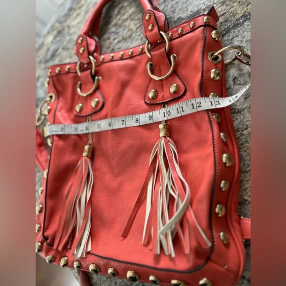 Coral Orange Vegan Leather Gold Studded Oversized Tote Bag With Adjustable Strap - Picture 14 of 16